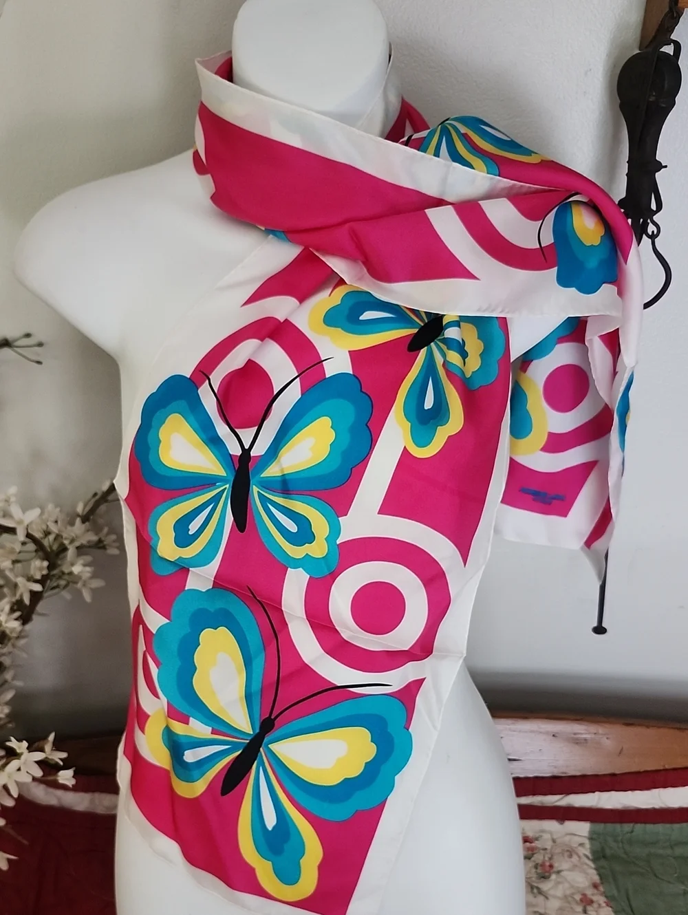 Adrienne Landau Pink Butterfly with Teal and Yellow Accents Silk Scarf